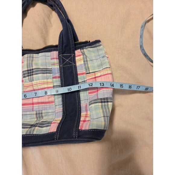 VTG Patchwork Tote Bag Canvas Fabric Navy Pink Madras Plaid Preppy classic - Picture 8 of 8